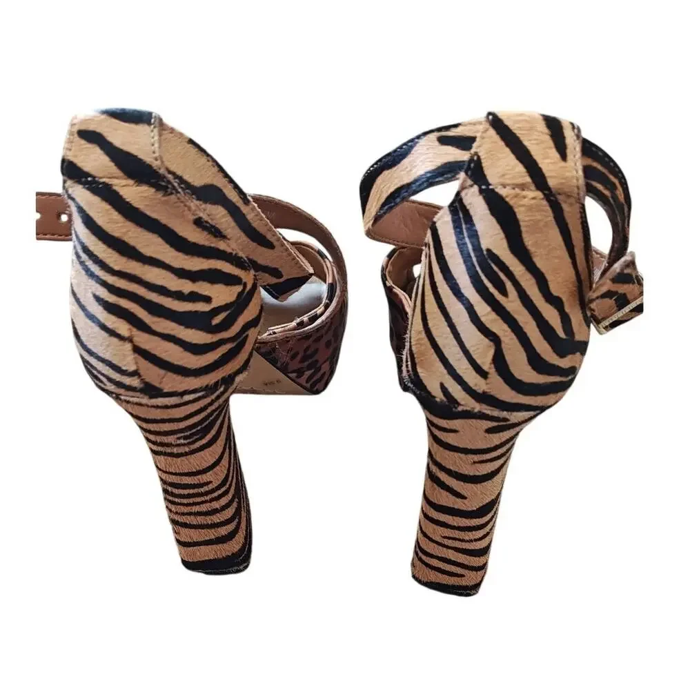 Gianni Bini Leopard Tiger Print Calf Hair Platform Block Heel Sandals 9.5M